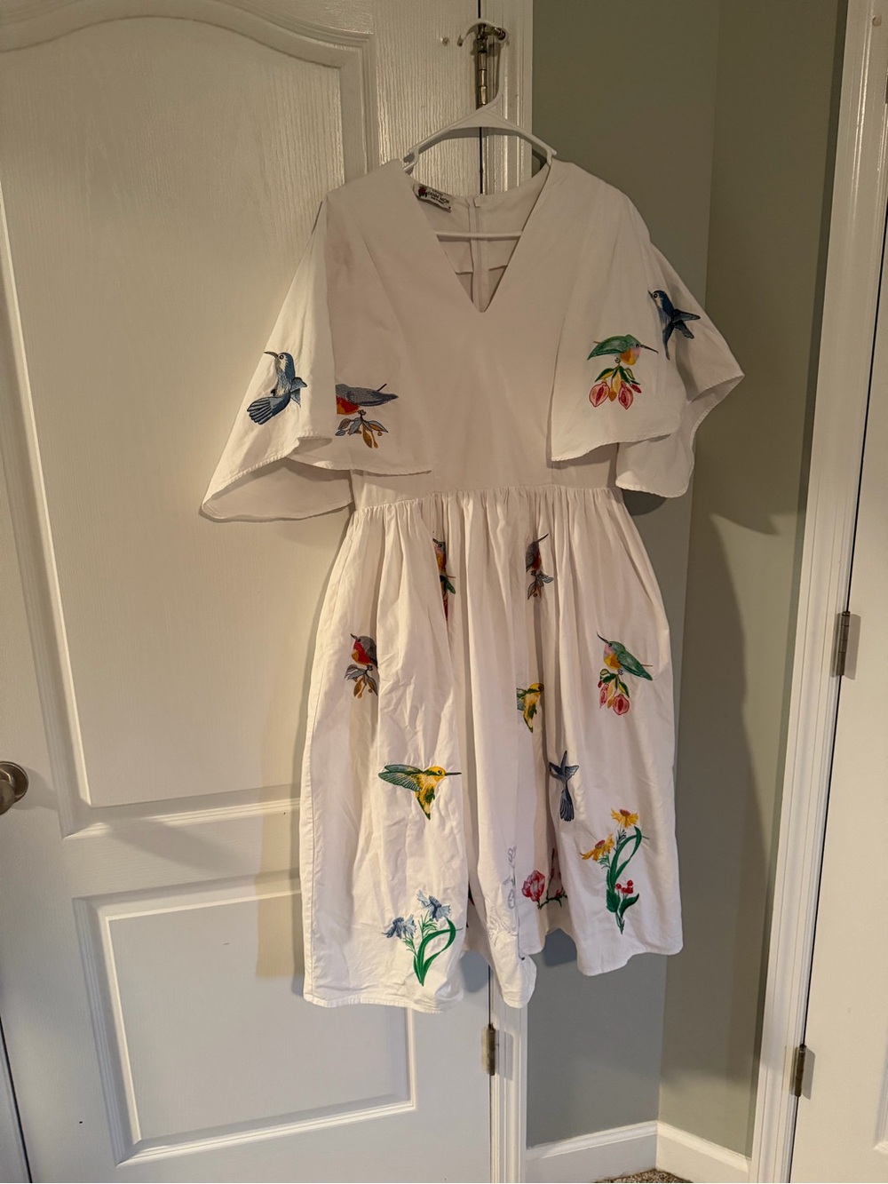 White Womens Embroidered Hummingbird Dress